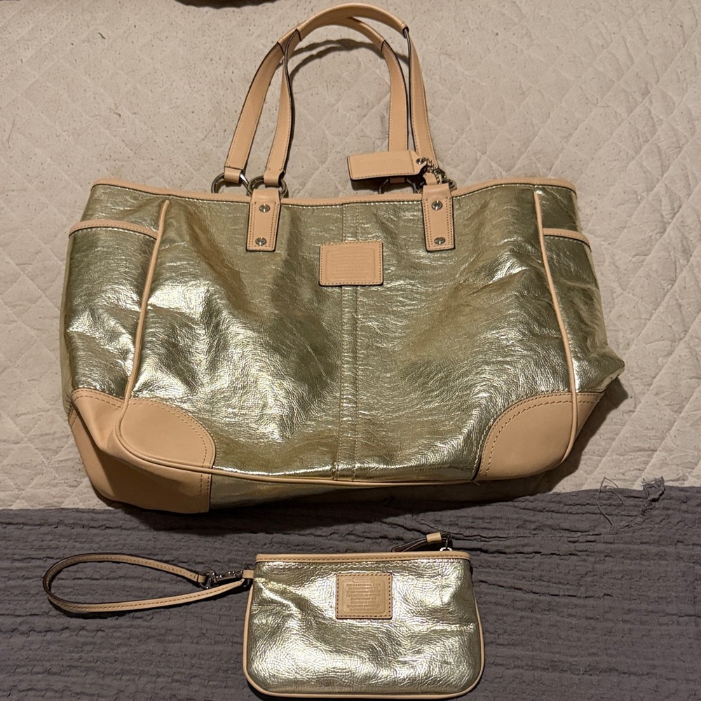 Coach Metallic Gold and Tan Tote with Wristlet, Brand New, Never Used